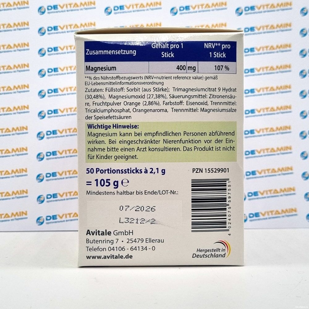 Avitale Magnesium Магния цитрат 400 мг, 50 стиков, Германия