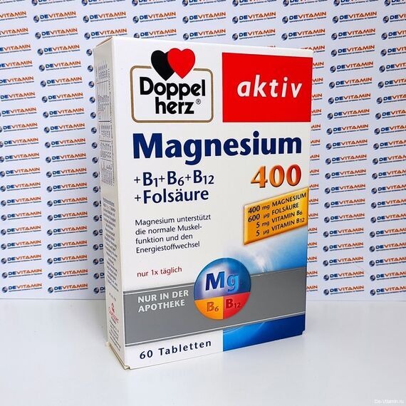 Doppelherz Magnesium 400 + B1 + B6 + B12 + Folsäure Доппельгерц с магнием и В-комплексом, 60 таблеток, Германия