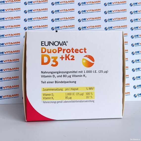 Eunova DuoProtect D3+K2 1000 I.E. Двойная защита Д3 + К2, 90 шт, Германия Eunova DuoProtect D3+K2 1000 I.E. Двойная защита Д3 + К2, 90 шт, Германия