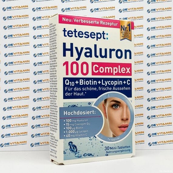 Tetesept Hyaluron + Lycopene + Q10 Min Гиалурон, витамины для кожи, 30 таблеток, Германия