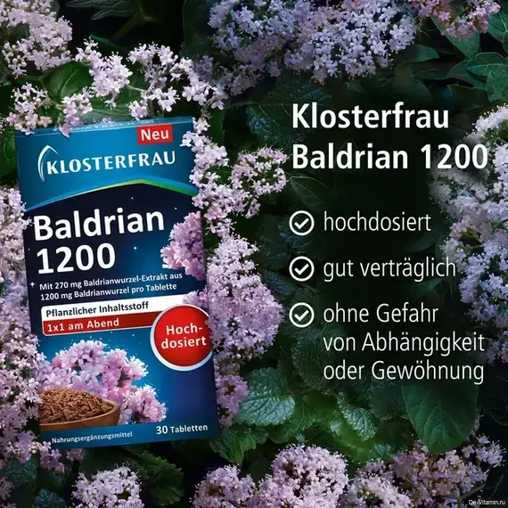 KLOSTERFRAU Baldrian 1200, препарат валерьяны, 30 штук KLOSTERFRAU Baldrian 1200, препарат валерьяны, 30 штук