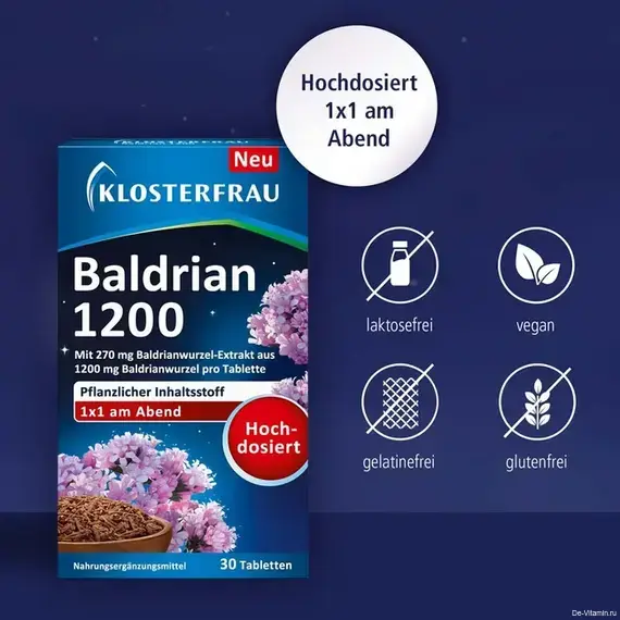 KLOSTERFRAU Baldrian 1200, препарат валерьяны, 30 штук KLOSTERFRAU Baldrian 1200, препарат валерьяны, 30 штук